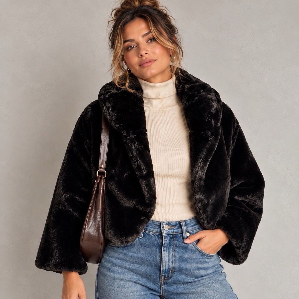 WD.NY Black Faux Fur Jacket M Cropped Plush Bolero Mob Wife Glam Evening Party